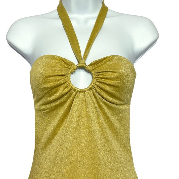 Beginning Boutique Gold Metallic Halter Mini Dress Size 10 Keyhole Party Club - Picture 2 of 9